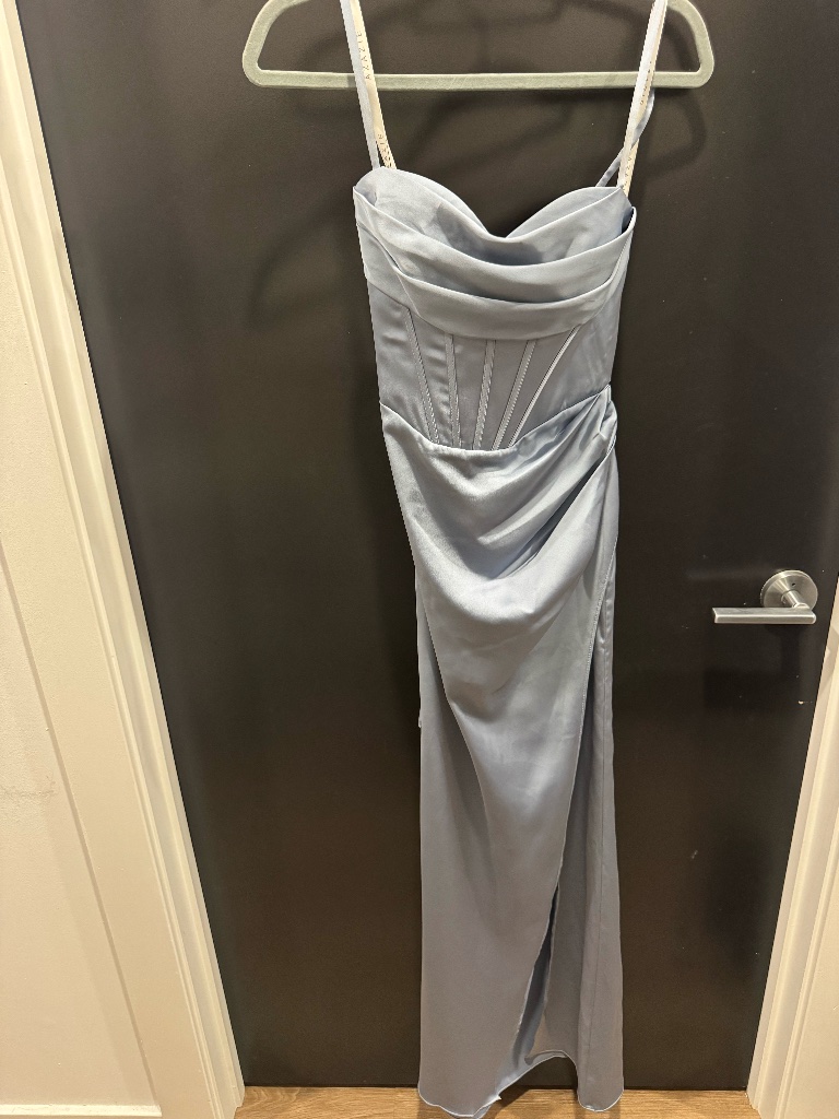 Brokelle Stretch Satin Dusty Blue Azazie Dress
